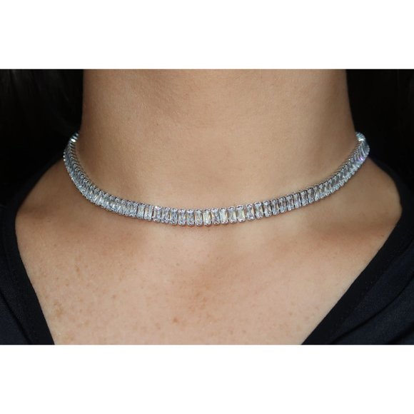 Diamond Tennis Necklace, CZ Tennis Necklace Choker, Baguette Tennis Necklace - Picture 5 of 9